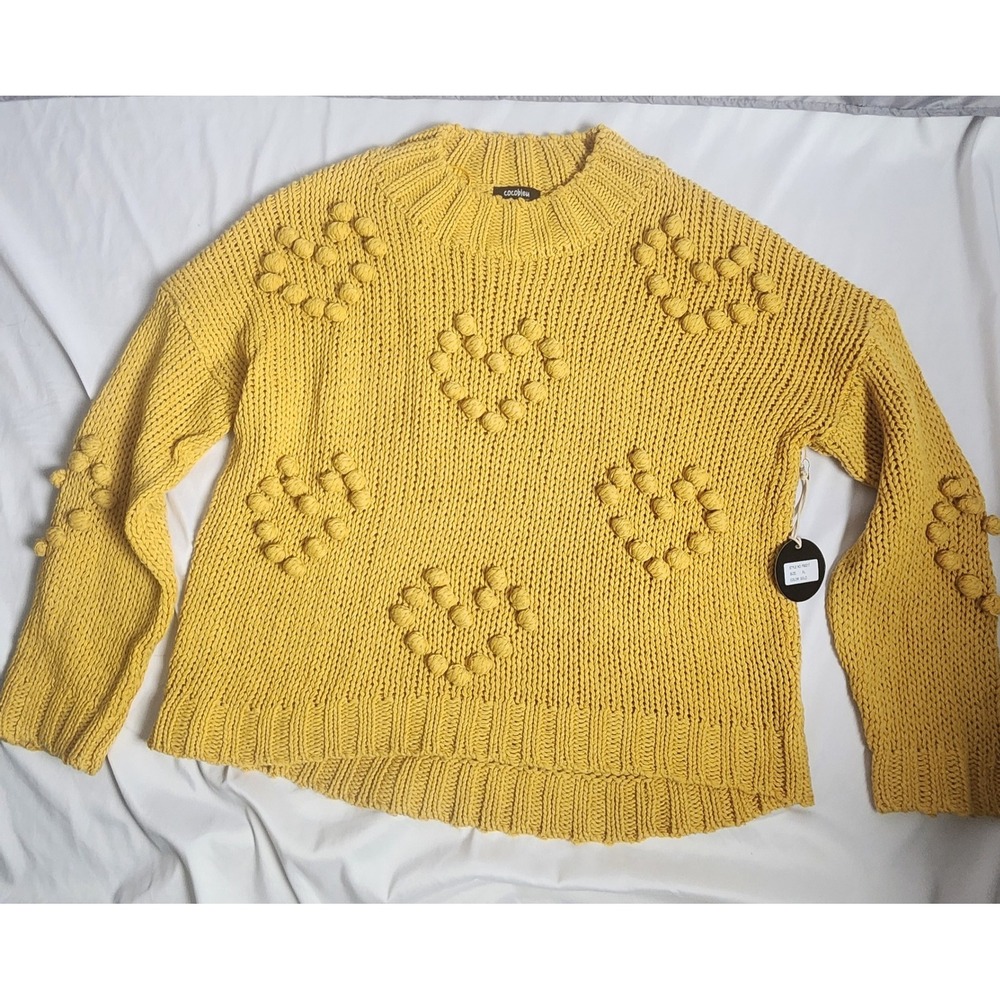 Cocobleu Heart Sweater Yellow Bobble Knit Popcorn Stitch 3D Raised Hearts XL NEW